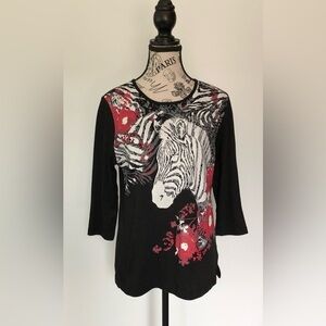 Women's La Madona Top with Zebra Design in Black, White, Red, Size Medium